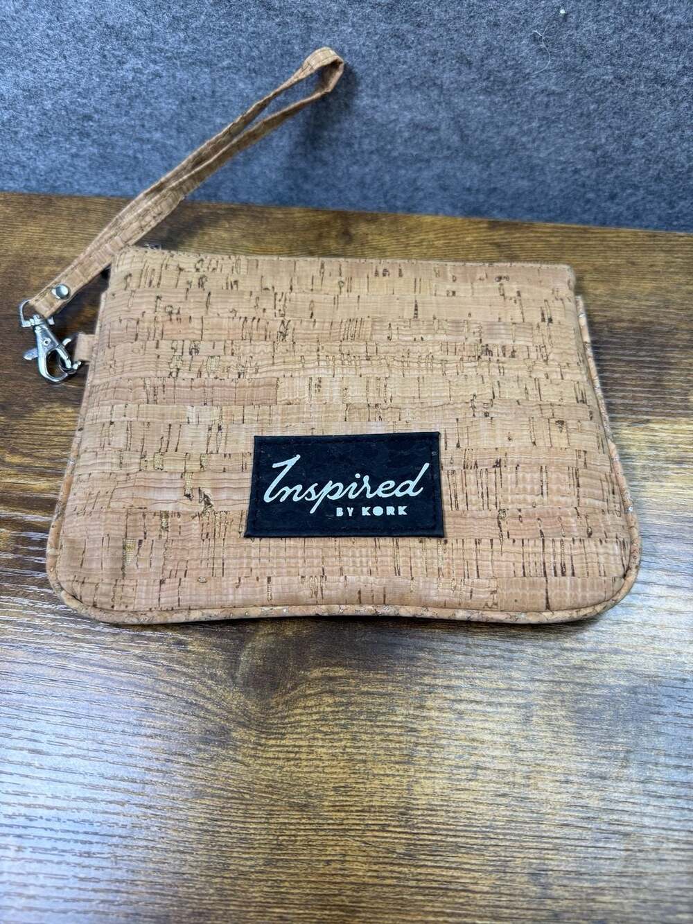 Inspired by Kork Natural Cork Wristlet Clutch Bag with Black Plaid Interior